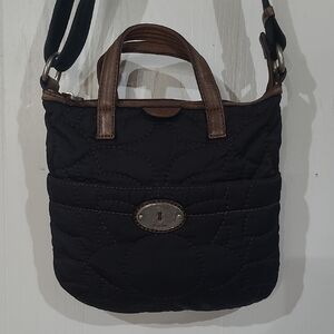 Vintage Fossil Black Quilted Fabric & Leather Key-Per Crossbody Bag Purse